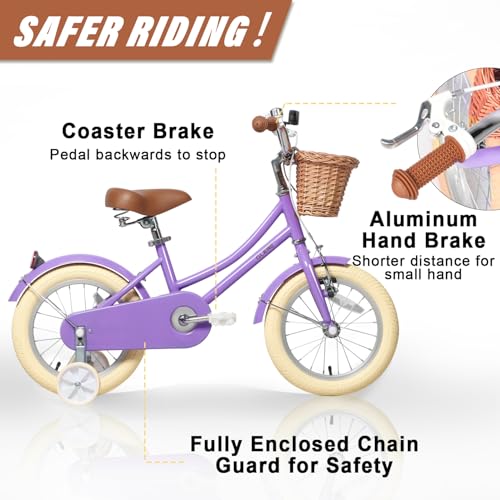 Image of Glerc Little Molly 12-20 Inch Kids Retro Cruiser Bike for 2-13 Year Old with Wicker Basket & Training Wheels /Kickstand, Multiple Colors