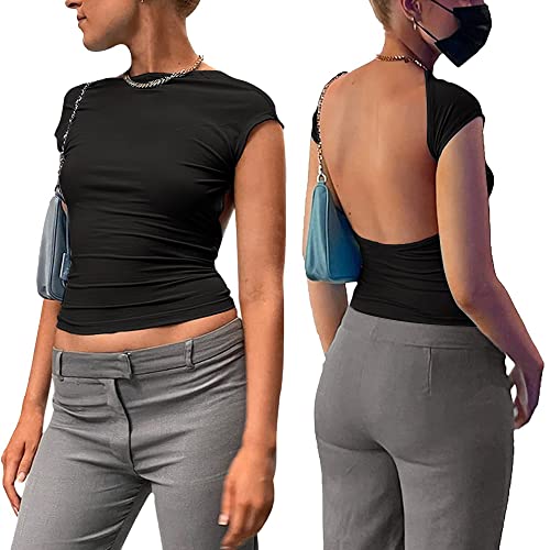 FFWTPY Blusa Mujer Camiseta Manga Corta Espalda Abierta Top Corto Ajustado Elegante Basica Ropa Moda Verano Primavera Blusas Casual Estilo Moderno