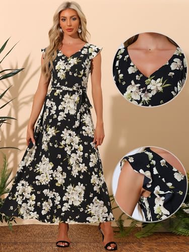 Image of Allegra K Maxi Dresses for Women's Summer Belted Ruffle Slevee Floral Dress Large Black