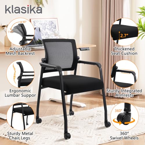 Image of KLASIKA Waiting Room Chairs with Wheels, Adjustable Mesh Backrest, Desk Chair with Ergonomic Lumbar Support and Thickened Seats Cushion, Black