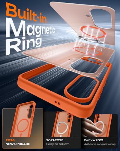 Image of TOCOL for Samsung Galaxy S26 Case, Compatible with Magsafe, Full Camera Protection, Built-in Magnetic Ring, Drop Protection, Translucent Matte Phone Case for S26 6.3 inch (Orange)