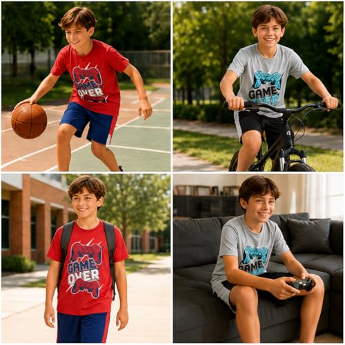 Image of Pro Athlete Boys Shorts Sets - 4 Piece Dry Fit Short Sleeve Crewneck Graphic Tee and Performance Shorts for Boys (Sizes 8-16)