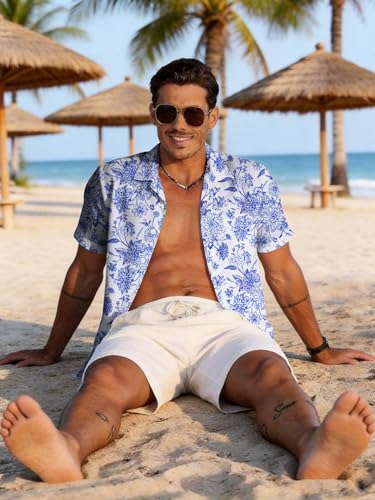Image of Yoimira Hawaiian Shirts for Men, Print Mens Casual Short Sleeve Button Down Shirts Floral Aloha Beach Shirt