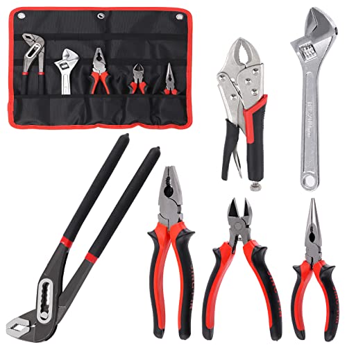 Tanstic 7Pcs Pliers Set, Including Groove Joint Pliers, Locking Pliers, Adjustable Wrench, Lineman's Plier