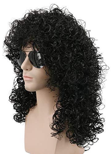 Image of karlery 70s 80s Mens Long Curly Black Wig Afro Punk Rocker Halloween Party Costume Wig