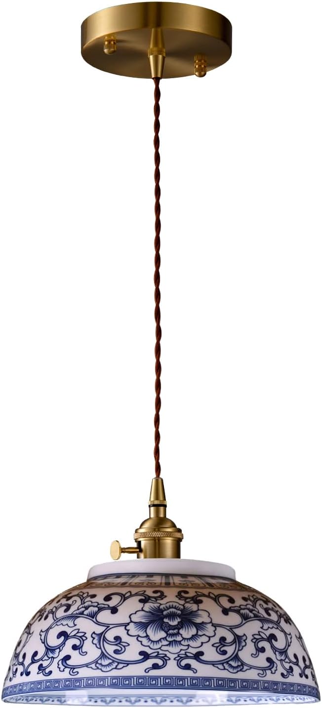 Ceramic Pendant Light, Chinese Blue and White Porcelain Pendant Light fixtures, Bedside Light, Hanging lamp for Kitchen Island Light Fixture, Home Bedroom Dining Room Ceiling Hanging Light 9in