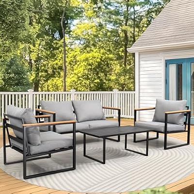 Outvita Outdoor Patio Furniture Set, 4 Pieces Patio Furniture with Coffee Table Set, Metal Conversation Sets with Wood Armrest & Removable Washable Cushions for Balcony, Deck and Poolside