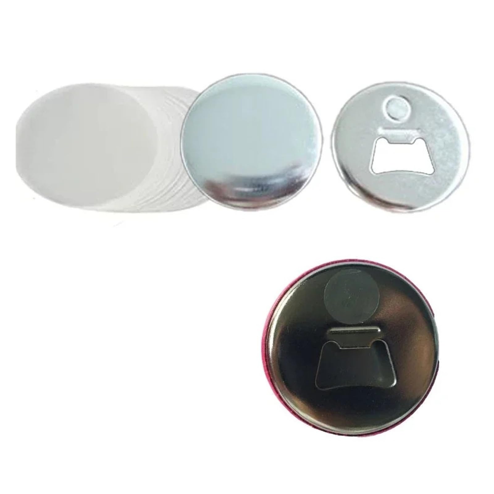 100 STÜCKE 58mm Metallknopfteile Zubehör Kühlschrankmagnet Flaschenöffner for Knopfmachermaschine Rundstiftmachermaterialien Für die DIY-Bastelproduktion