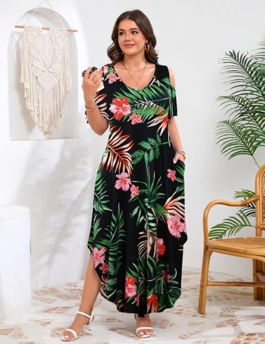Image of JollieLovin Womens Plus Size Casual Summer Maxi Long Dress Cold Shoulder V Neck Beach Sundresses