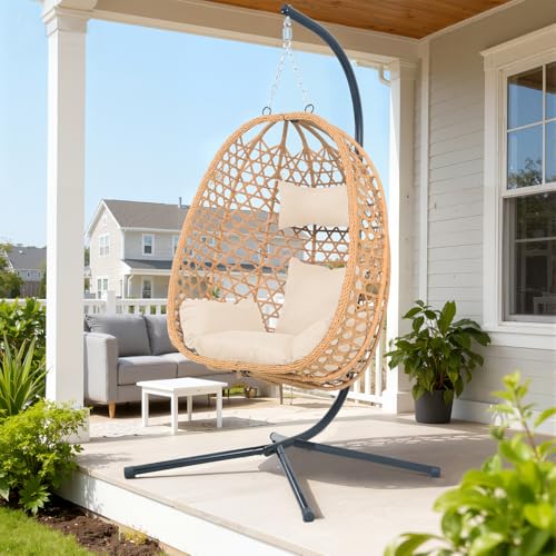Image of Outdoor Hanging Egg Chair with Stand,Patio Rattan Hammock Chair,Burlywood