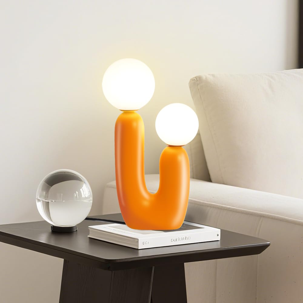LED Tischlampe Niedliche Kaktus Nachttischlampe,Moderne Deko Pilz Lampe für das Schlafzimmer,Orange Harz Schreibtischlampe mit 2 Kugel Lampenschirmen,lustige Geschenke für Kinder und Familie,G9-Sockel