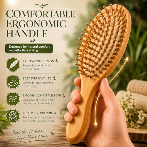 Image of KAIDAA Neem Bamboo Wooden Hair Brush Soaked in Amla & Bhringraj oil | Anti-Static Detangling Brush