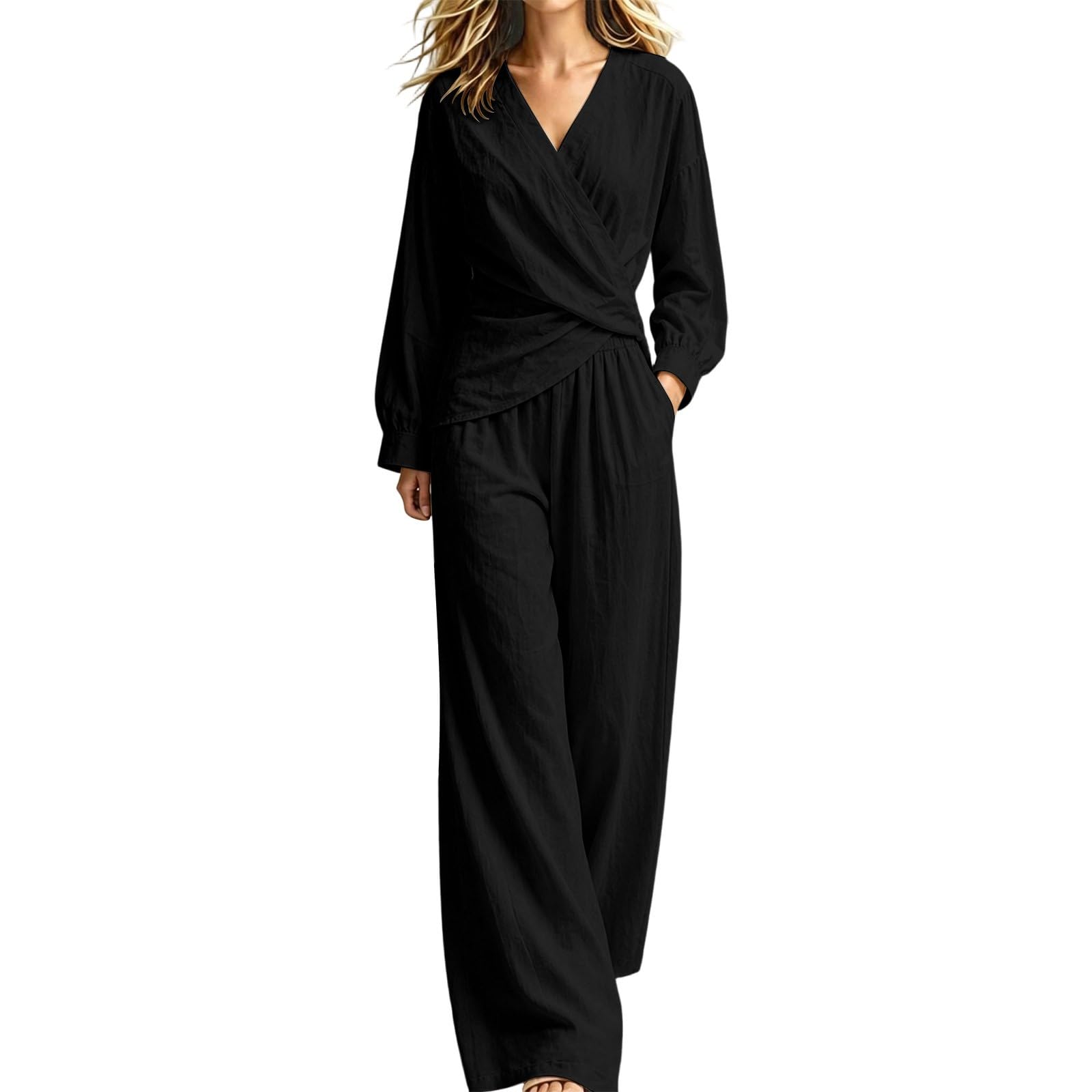 Set da 2 pezzi da donna Co Ord, casual, con scollo a V, a maniche lunghe, pantaloni a gamba larga, traspiranti, comodi, da viaggio, spiaggia, vacanze, tempo libero