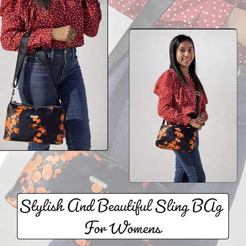 Image of Storite PU Leather Sling Bag, Crossbody Bag with Multi-Compartment for Women and Girls With Adjustable Shoulder Strap - (Orange Black, 28.5x18x11 cm)