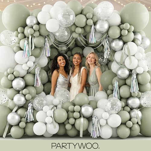 Image of PartyWoo Sage Green Balloons 100pcs Different Sizes of 18 12 10 5 Inch Dusty Boho Green Latex Balloon Arch Kit for Wedding Birthday Dinosaur Jungle Golf Football Theme Party Decorations Green-F32