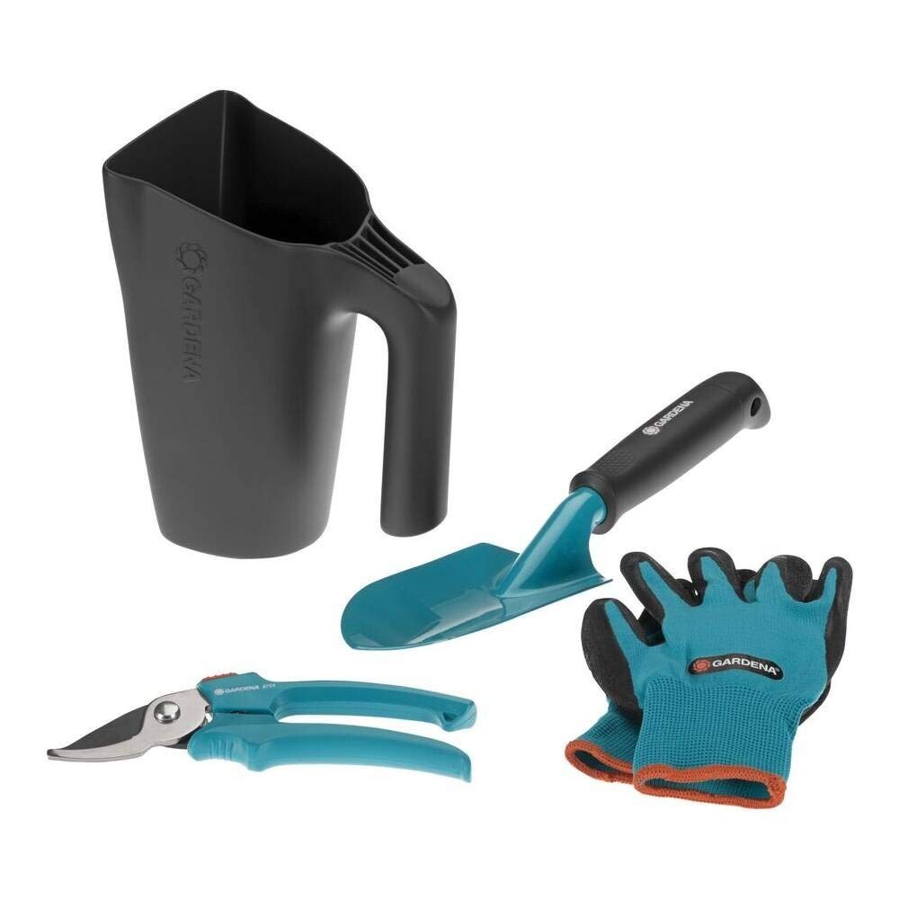 Kit outils de jardinage sur balcon de Gardena : kit jardinage 4 pièces pour l’entretien du jardin, transplantoir robuste, réservoir en plastique, paire de gants de jardinage 8/M (8966-30)
