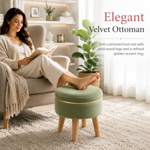 Image of Ottoman Stool for Living Room Foot Rest | Velvet Small Ottoman Foot Stool | Solid Wood Legs | Footstool Puffy for Home, Bedroom & Makeup Table | 30 x 30 cm (12 x 12 Inch) | Light Green
