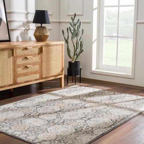 Image of Hauteloom Kismet Boho Vintage Traditional Damask Area Rug - Farmhouse Traditional Floral Medallion Carpet for Living Room, Bedroom, Dining Room - Black, Tan, Gray, Brown, Beige 6'7 inch x 9' (6x9)