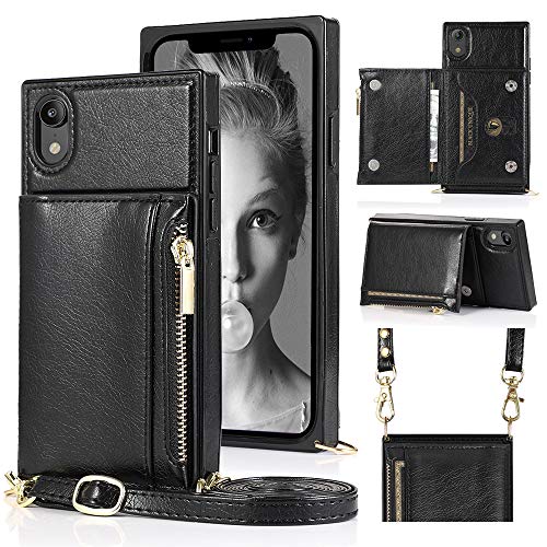 CASEOWL iPhone XR Case Wallet 3 in 1 Crossbody Case Purse with Detachable Strap, Zipper Card Slot Holder, Kickstand, Leather Magnetic Closure Case Cover Compatible with iPhone XR 6.1 inch, Black