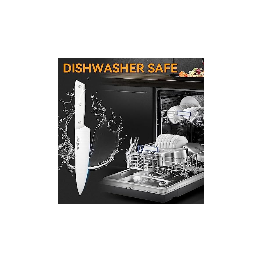 Knife Set, 15 PC Kitchen Knife Set with Block and Built-in Sharpener, 6 Steak Knives, Razor Sharp, Ergonomic Handl (White)