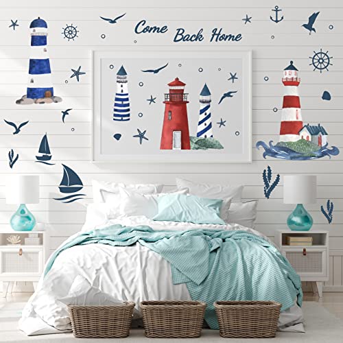 PLIGREAT Lighthouse Seagull Sailboat Wall Stickers Removable Blue Ocean Theme Wall Decals for Nursery Bedroom Playroom Living Room Wall Decorations Home Indoor DIY Nautical Wall Art Decor