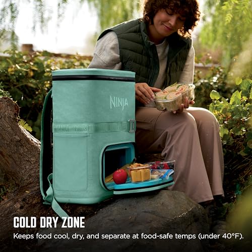 ninja  backpack cooler  frostvault go can soft cooler  leakproof zipper with built in can opener 2 ice packs amp dry storage drawer  for hiking camping amp more  2436 can