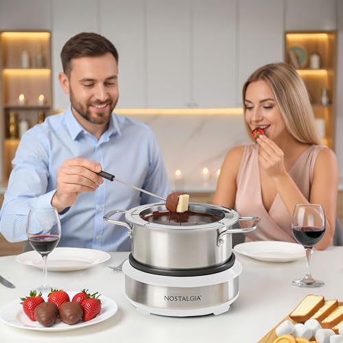 Image of Nostalgia 8-Cup Electric Fondue Pot Set for Cheese & Chocolate - 8 Color-Coded Forks, Temperature Control - Kitchen Gadgets and Appliances for Hors d'Oeuvres and More - White