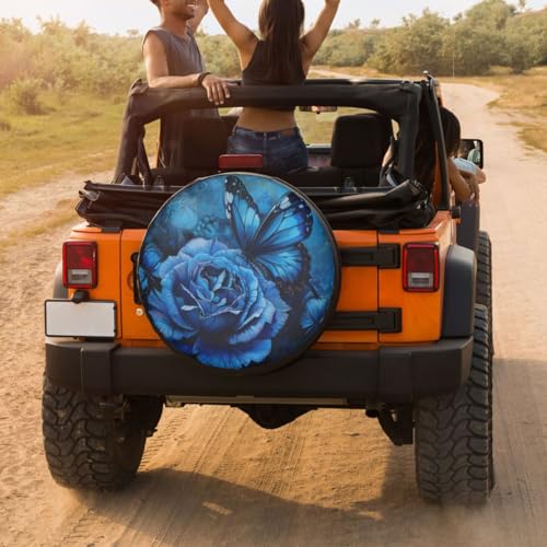 Image of Delerain Spare Tire Cover Blue Rose Butterfly Wheel Covers Sun Protection Waterproof for Truck RV Trailer SUV and Many Vehicle (14 Inch for Diameter 23 inch-27 inch)