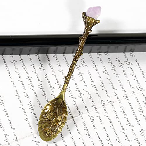 Soulnioi Vintage Carved Crystal Spoons Retro Decorative Coffee Stirring Spoons Dessert Spoons Ice Cream Spoon with Amethyst Crystal Head for Cafe Office Tableware -Brass - Image 4