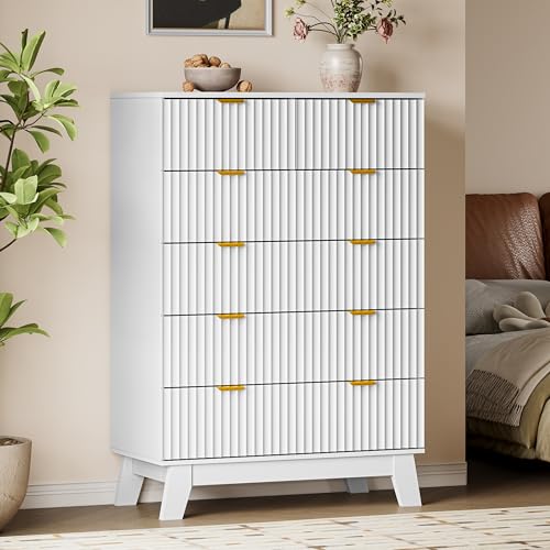 Image of BORNOON 46 inch Tall Dresser for Bedroom, 6-Drawer Fluted Chest of Drawers, Modern Wood Highboy with Deep Storage, Metal Slides and Handles, Anti-Tip Kit, Vertical Clothes Organizer for Apartment, Nursery