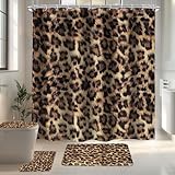 LIGHTINHOME 4 PCS Leopard Print Shower Curtain Set 72Wx72H,Toilet Lid Cover,Non-Slip Rugs and U-Shaped Mat,Wild Safari Cheetah Bathroom Sets with Rugs Shower Accessories 12 Hooks for Bathroom Decor