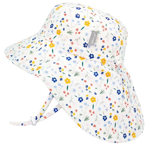 Jan & Jul Mädchen Baumwoll-Sonnenhut mit Nackenschutz Faltbare Abenteuermütze für Kinder (XL: 5-12 Jahre Wiesenblumen)