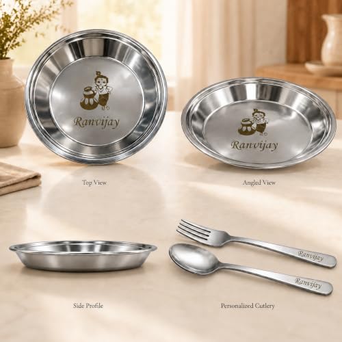 Image of SAVRI Personalized Stainless Steel Round Shape Serving Plate with Name & Favourite Character Engraved | Maggie, Kids, Snacks, Breakfast Plate | for Birthday, Return Gifts. Size - 6 * 6 inches