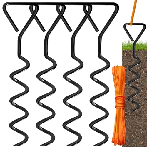 Trampoline Anchors Stakes Tent Garden Stake Heavy Duty Trampoline Parts Tent Canopies Carports Swing Sets Small Stake Corkscrew Shape Steel Stakes Anchor Kit Bonus 4 Strong Belt Black