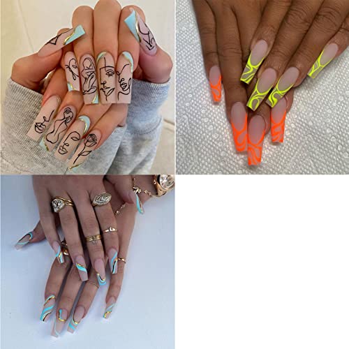 Diduikalor 3 Packs 72pcs Press On Nails, Geometry Line Figures Art Long Coffin False Nails for Girls Women Trendy Luxury