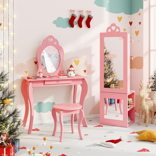 GLACER 2 Piece Kids Vanity Set & Jewelry Armoire Cabinet, Wooden Kids Vanity Table and Chair Set, Kids Dress Up Storage with Full-Length Mirror, Standing Kids Bedroom Furniture for Girls (Pink)