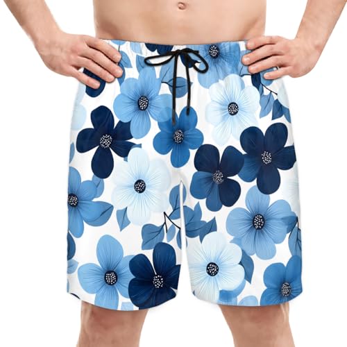 Men's Swim Trunks Size S Blue Flower with Mesh Lining Soft Breathable Quick Dry Beach Shorts