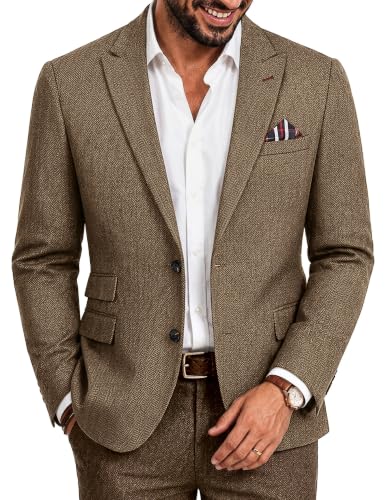 Image of Mens Vintage Herringbone Tweed Blazer Winter Peak Lapel Wool Blend Jacket Coffee Herringbone L