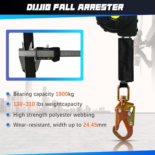 Image of DIJJIG 11FT Fall Protection Retractable Lanyard - Heavy Duty SRL Fall Arrest System, Industrial Safety Lanyard for Roofing & Construction Positioning, ANSI /OSHA Compliant Lifeline(Small Hook)