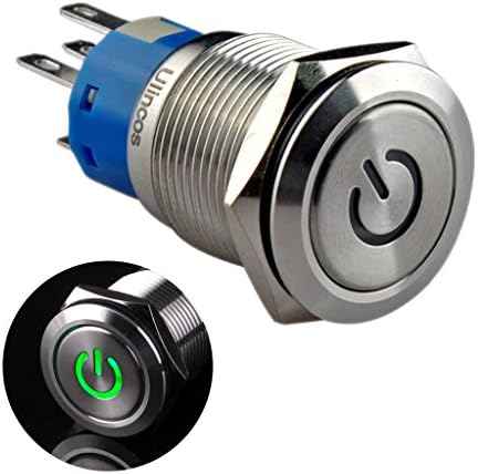 Ulincos Latching Pushbutton Switch U19C1 1NO1NC SPDT ON/Off Silver Stainless Steel Shell with 12V Green LED Suitable for 19mm 3/4" Mounting Hole (Green)