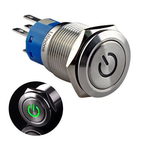 Ulincos Latching Pushbutton Switch U19C1 1NO1NC SPDT ON/Off Silver Stainless Steel Shell with 12V Green LED Suitable for 19mm 3/4