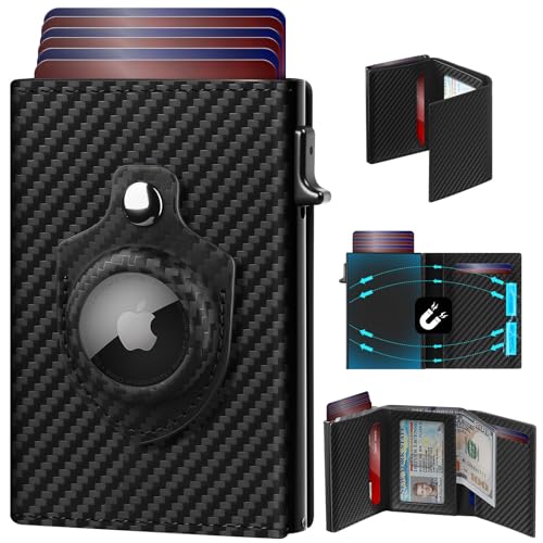 GAOCHALE Mens Wallet for Apple AirTag Pop up Card Holder Compatible with Air Tag RFID Blocking Wallet for Men 10-14 Card Capacity | ID Window | Cash Slot(Carbon)