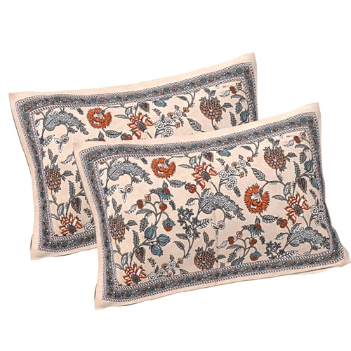 Image of Living Roots Jaipuri Hand Block Print Double Cotton Bedsheet & 2 Pillow Covers, for Mattress Upto 8 inches Thick, No Colour Bleeding, Orange Colour, Super King Size 96 * 104 inches, 150TC (574-A)