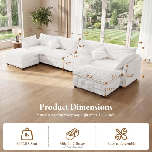 Image of Vesgantti 143 inch Large Cloud Sectional Couch, U-Shaped Deep Seat Sofa, White