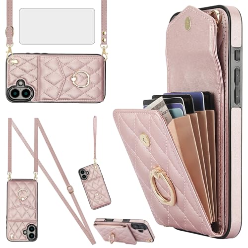 Étui portefeuille iPhone 16 Asuwish avec protège-écran verre trempé et blocage RFID fuchsia