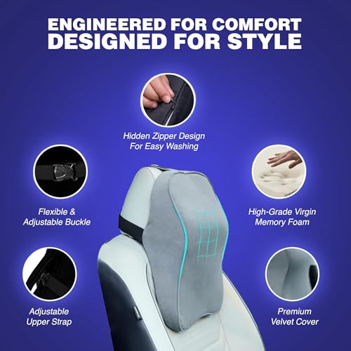 Image of WELLGIVER Orthopedic Memory Foam Car Neck Rest Pillow - Cervical Support Cushion for Neck Pain Relief, Adjustable Strap - Universal Fit for All Cars | Grey Velvet | Pack of 2