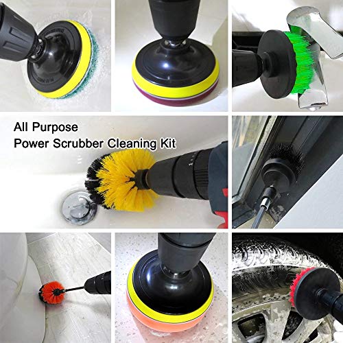 BYGD 26 Pieces Drill Brush Set Scrub Pads & Sponge, Drifferent Size Power Scrubber Brush with Extend Long Attachment All Purpose Clean for Car, Grout, Tiles, Sinks, Bathtub, Bathroom, Kitchen