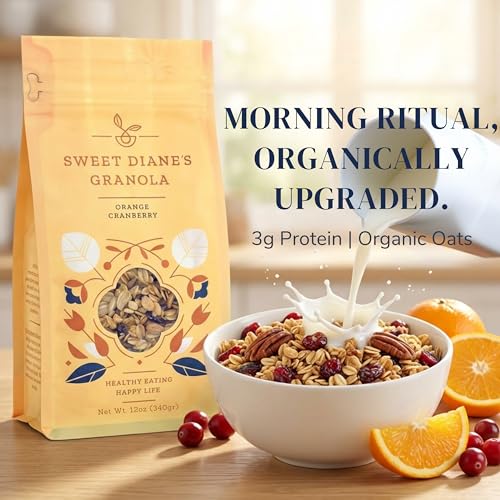 Image of Sweet Diane's Granola - Standard Size (12 oz): Organic, Low-Sugar, High-Fiber, Gluten-Free, Vegan, Delicious Breakfast and Snack Topper (Classic Size, Orange Cranberry)