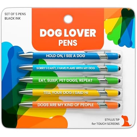 rubyloo Funny Dog Lover Pen Set – 5 Black Ink Ballpoint Pens with Stylus Cover