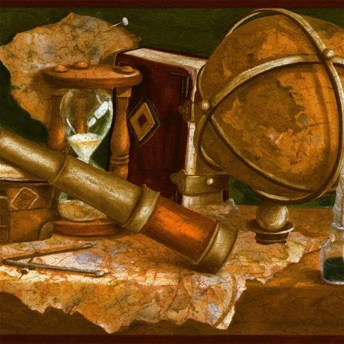 CONCORD WALLCOVERINGS  Papel pintado clásico medieval con borde con brújula globo reloj de arena y libros, colores marrón, dorado, negro, rojo,